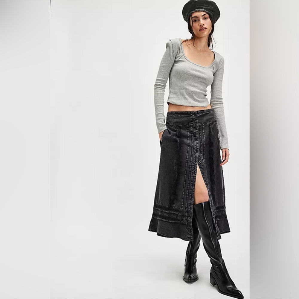 FREE PEOPLE Whitney Washed Black Lace-Trimmed Western Prairie Midi Skirt